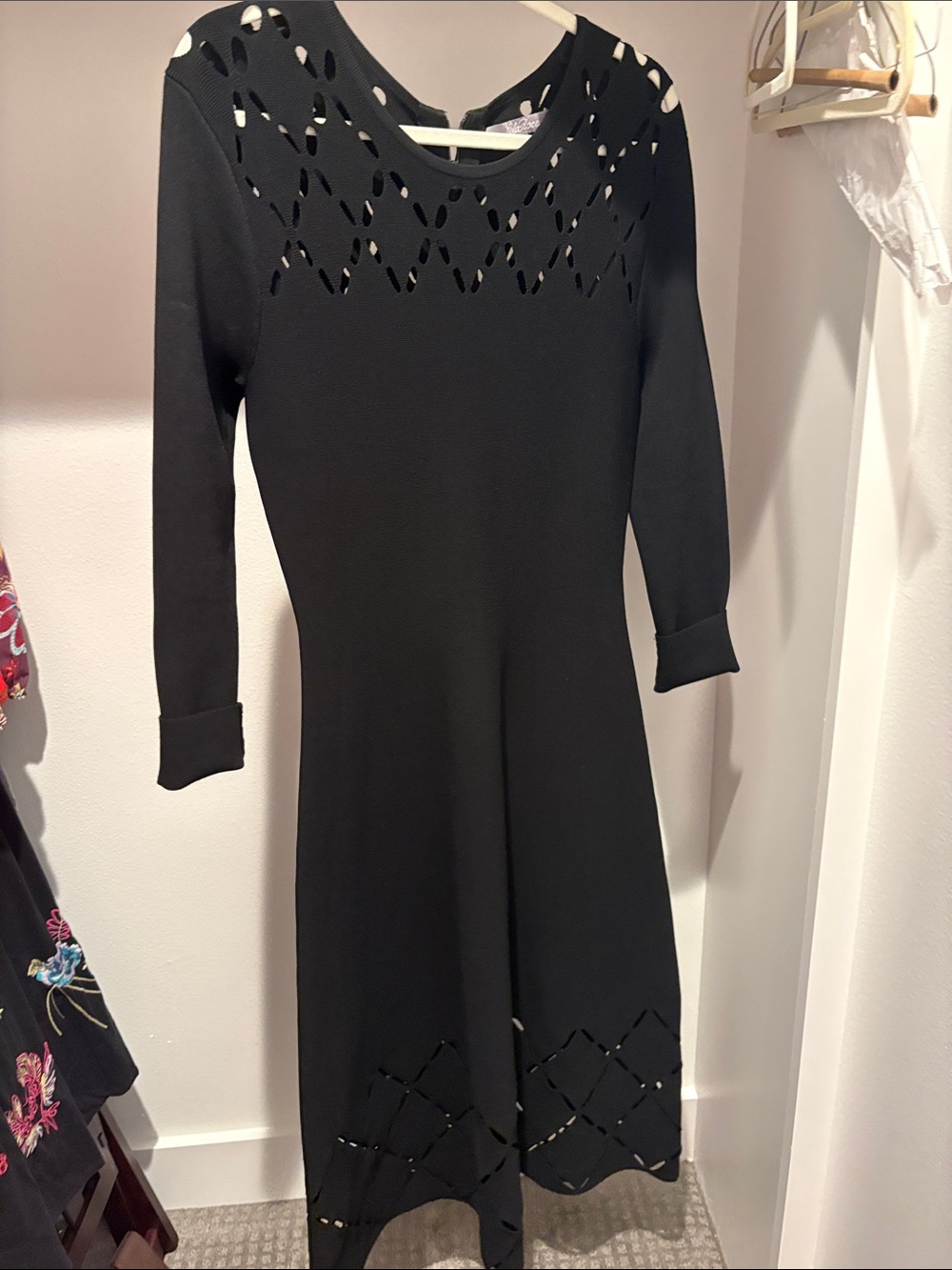 Lela Rose Black Long-Sleeve Midi Dress with Laser-Cut Accents